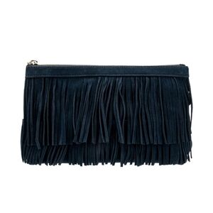 India Hicks Dougal Blue Suede Fringe Gold Hardware Zipper Clutch